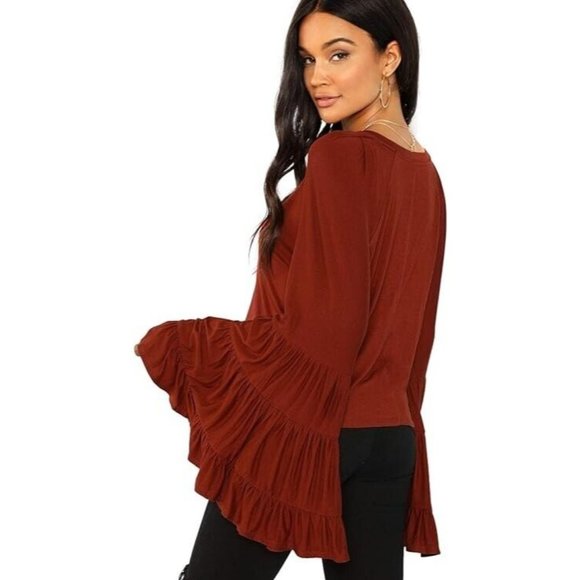NWOT SheIn Orange Brown Red Rust 70s Boho Flowy Bell Sleeve Crop Blouse Top Sz M - Picture 2 of 9